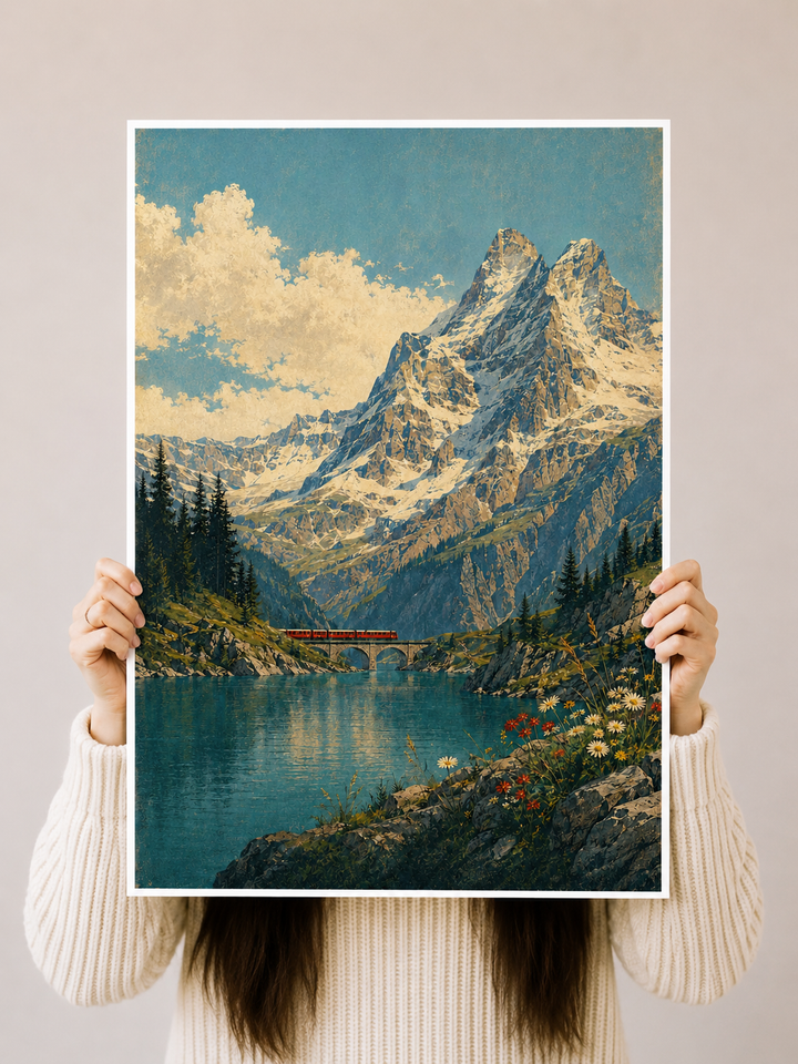 Alpine Lake Mountain Art Print featuring dramatic mountain peaks, soft clouds and reflective blue water
