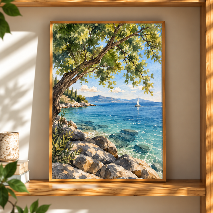Mediterranean Coast Watercolor Art Print presented in a natural oak frame, with leafy branches opening toward bright blue water