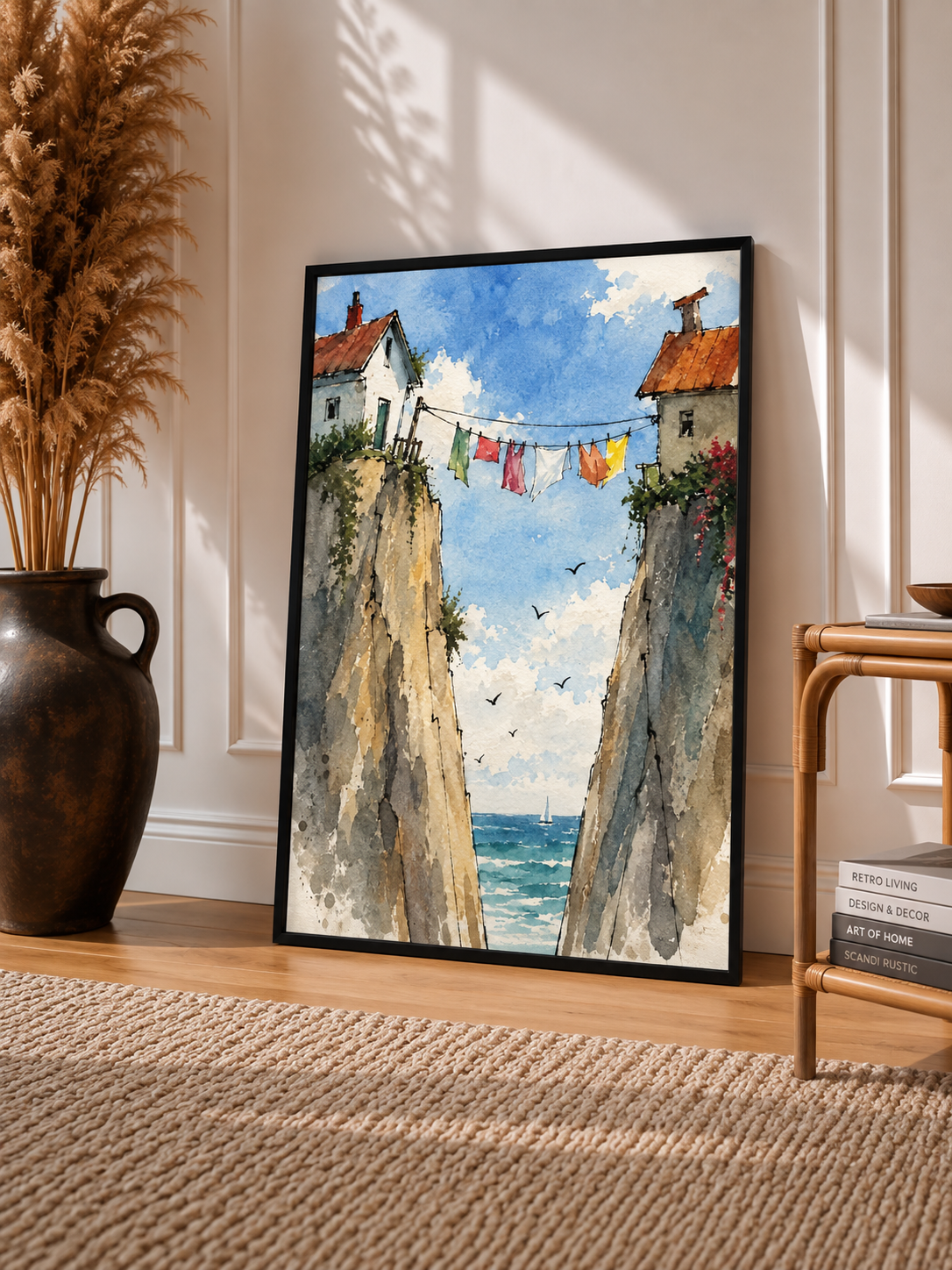 Mediterranean Street Watercolor Art Print resting in a slim black frame beside warm natural textures and soft window light