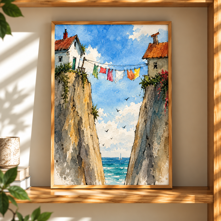 Mediterranean Street Watercolor Art Print framed in natural oak, revealing a sunlit passage opening toward the blue sea