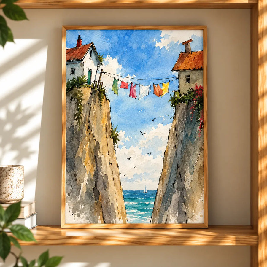 Mediterranean Street Watercolor Art Print framed in natural oak, revealing a sunlit passage opening toward the blue sea
