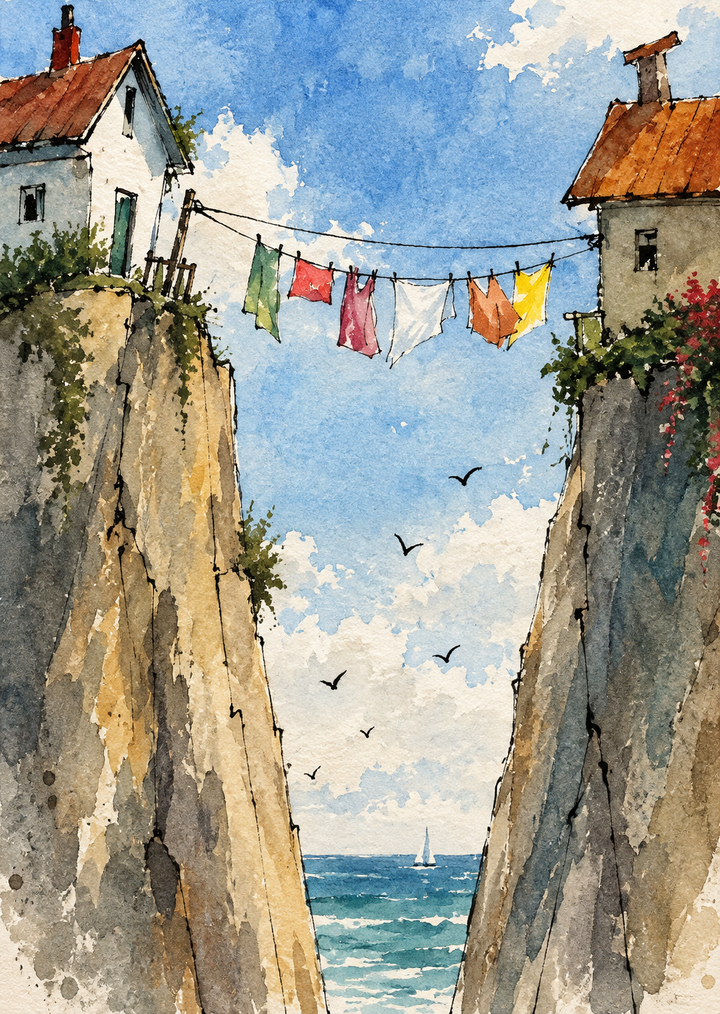 Mediterranean Street Watercolor Art Print shown unframed with a quiet stone passage, colorful accents and sparkling blue water in the distance