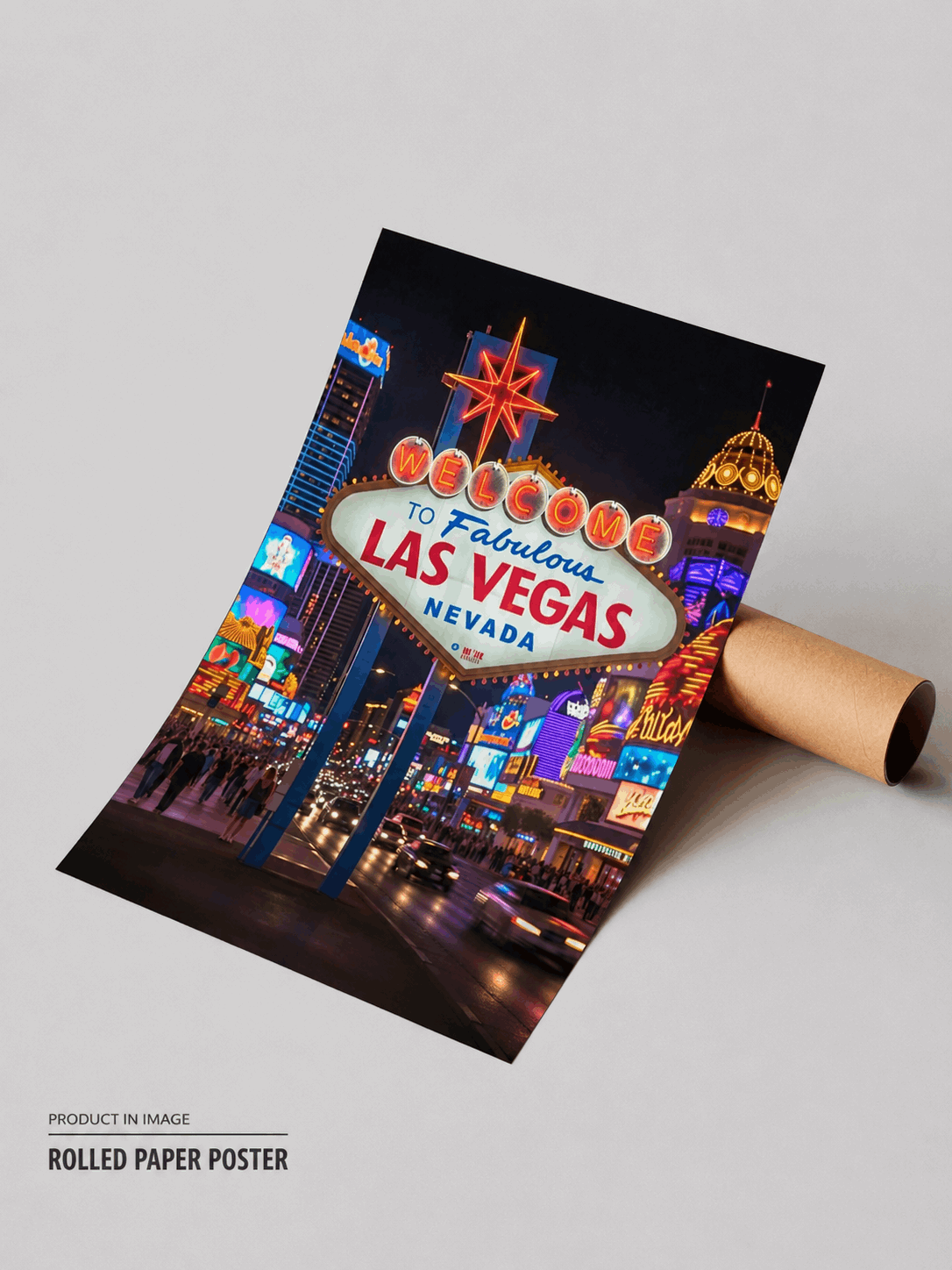 Rolled neon city poster with colorful “Welcome” sign and bright skyline, unframed paper