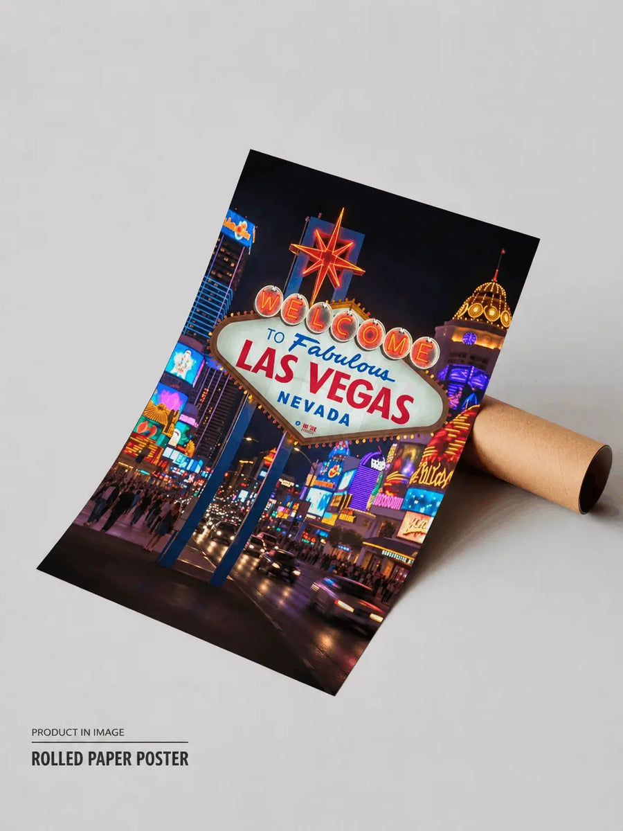 Rolled neon city poster with colorful “Welcome” sign and bright skyline, unframed paper