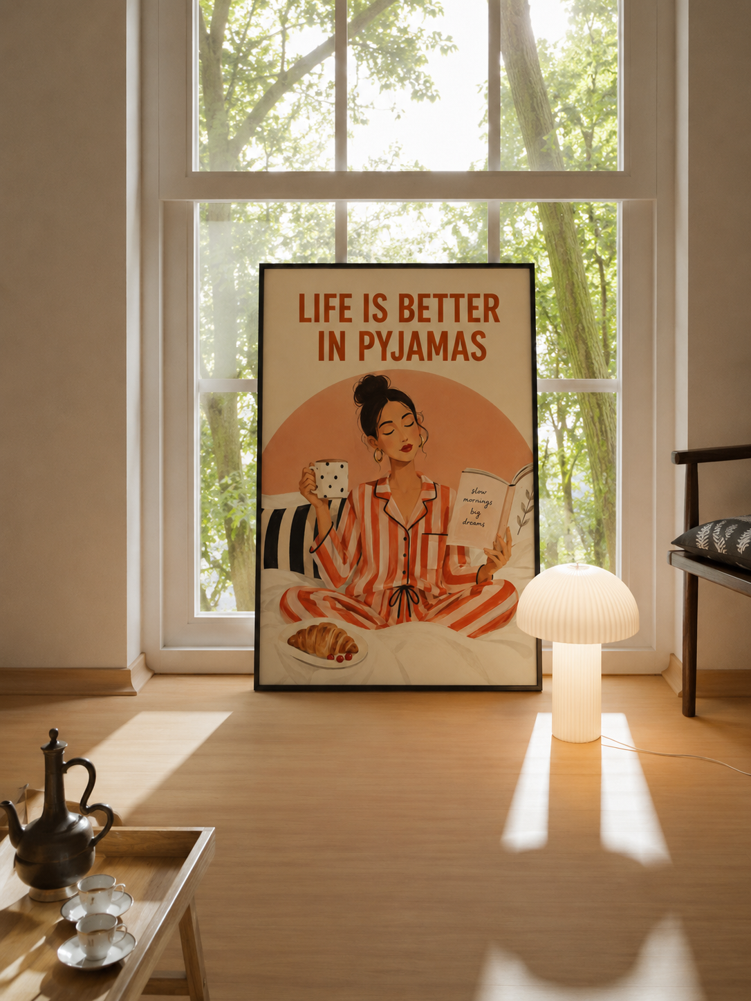 Framed wall art standing by window, woman in pajamas holding mug and open book