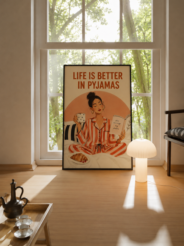 Framed wall art standing by window, woman in pajamas holding mug and open book