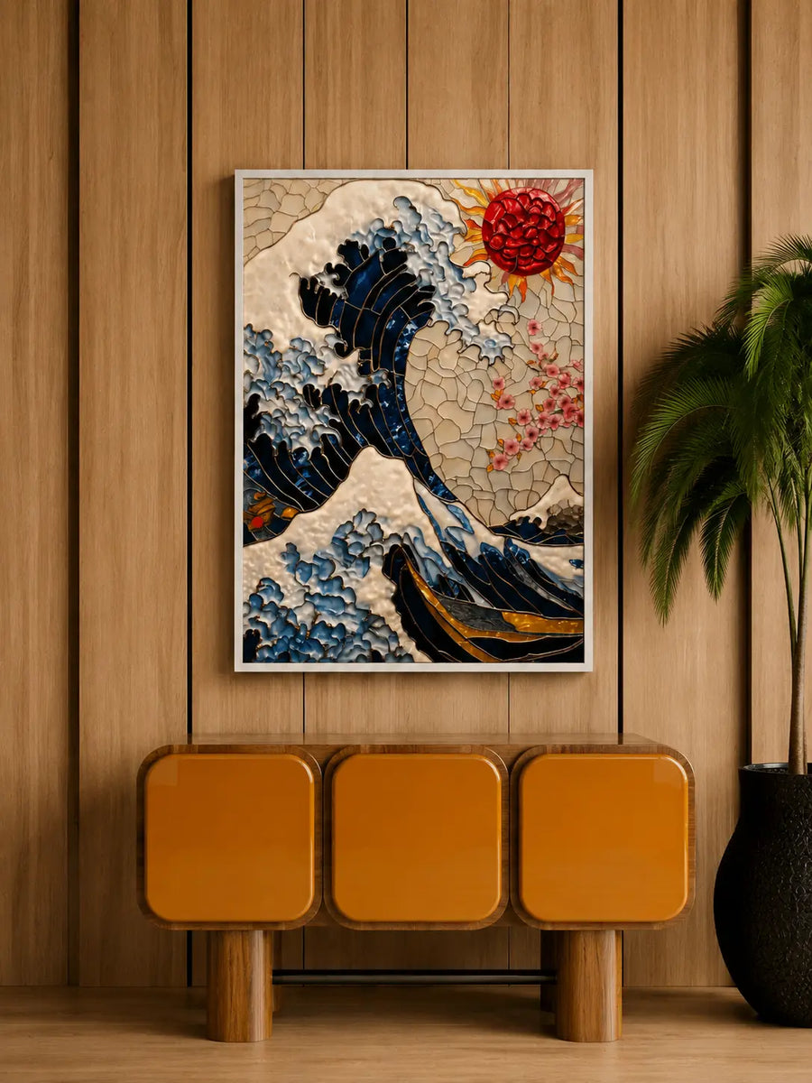 Impresión artística abstracta de ondas con marco de roble, olas azules y flor roja, orientación vertical