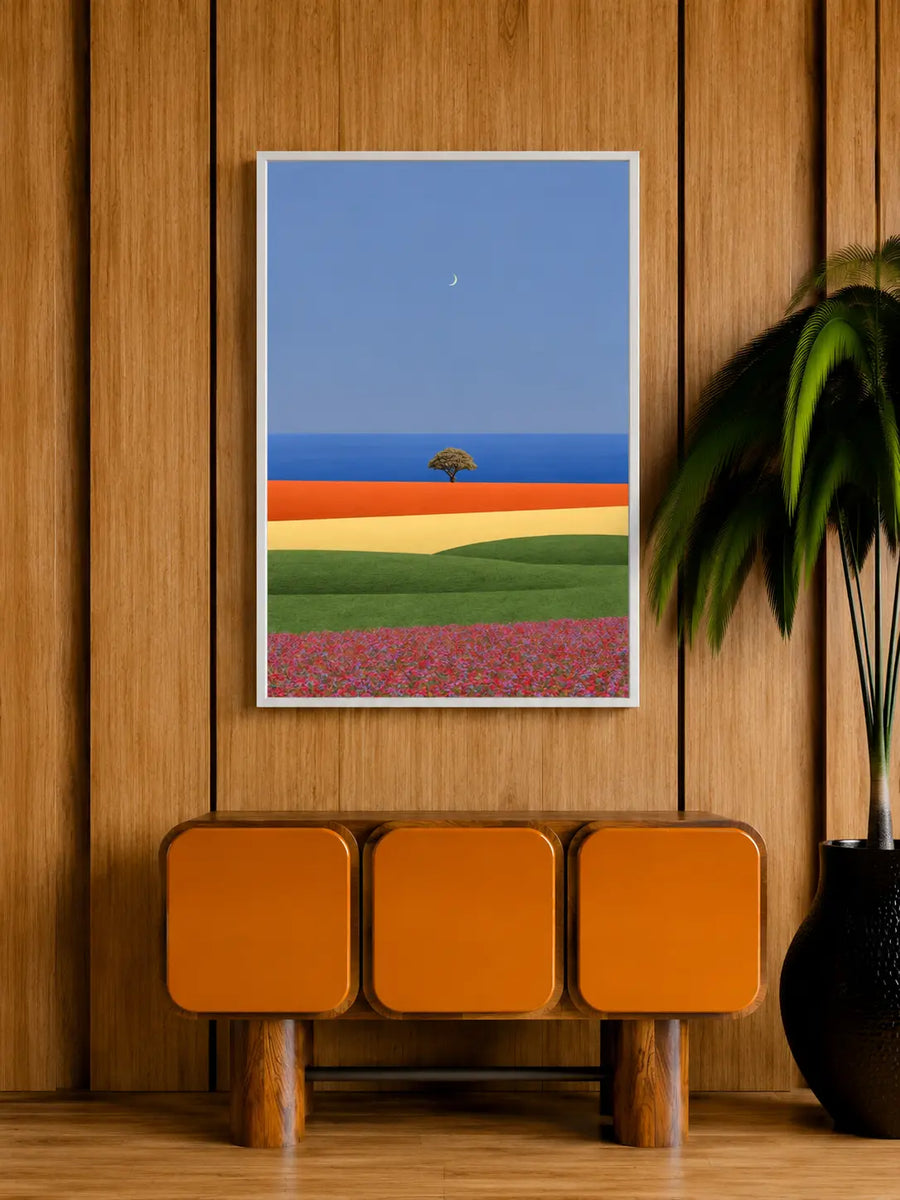Landschaftsdruck mit dünnem Rahmen, blauem Himmel und Ozean über grünen und roten Farbbändern