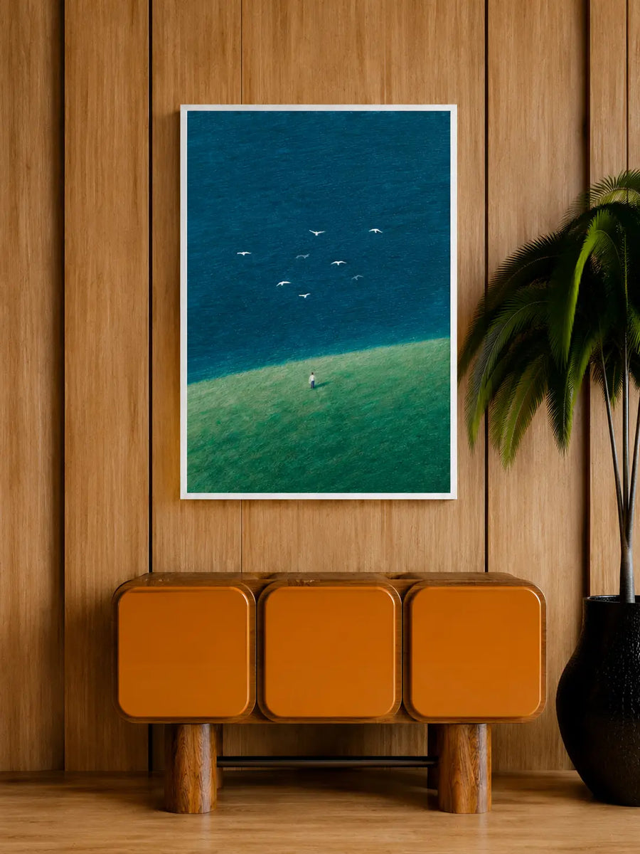 Impresión de arte mural enmarcada con mar azul, césped verde y pájaros sobrevolando