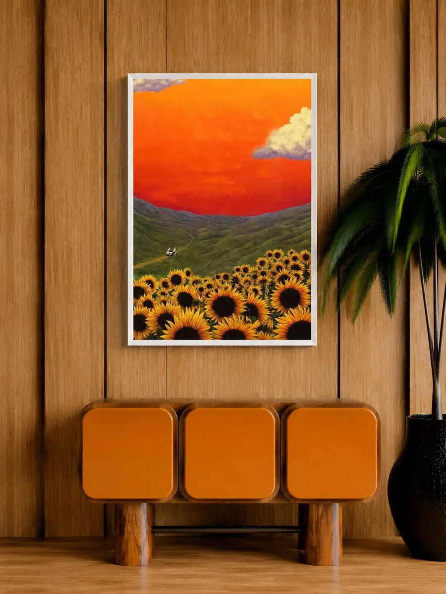 Gerahmte Landschafts-Wandkunst mit orangefarbenem Himmel, Wolken, Sonnenblumenfeld und geschwungener Straße