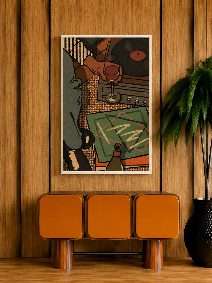 Wandbild mit weißem Rahmen und abstrakter, musikthematischer Illustration an einer Wand mit Holzpaneelen
