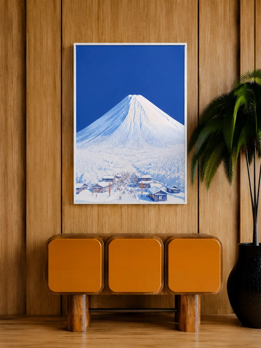 Arte mural de paisaje Fuji enmarcado pequeño con pico nevado y pueblo invernal, cielo azul