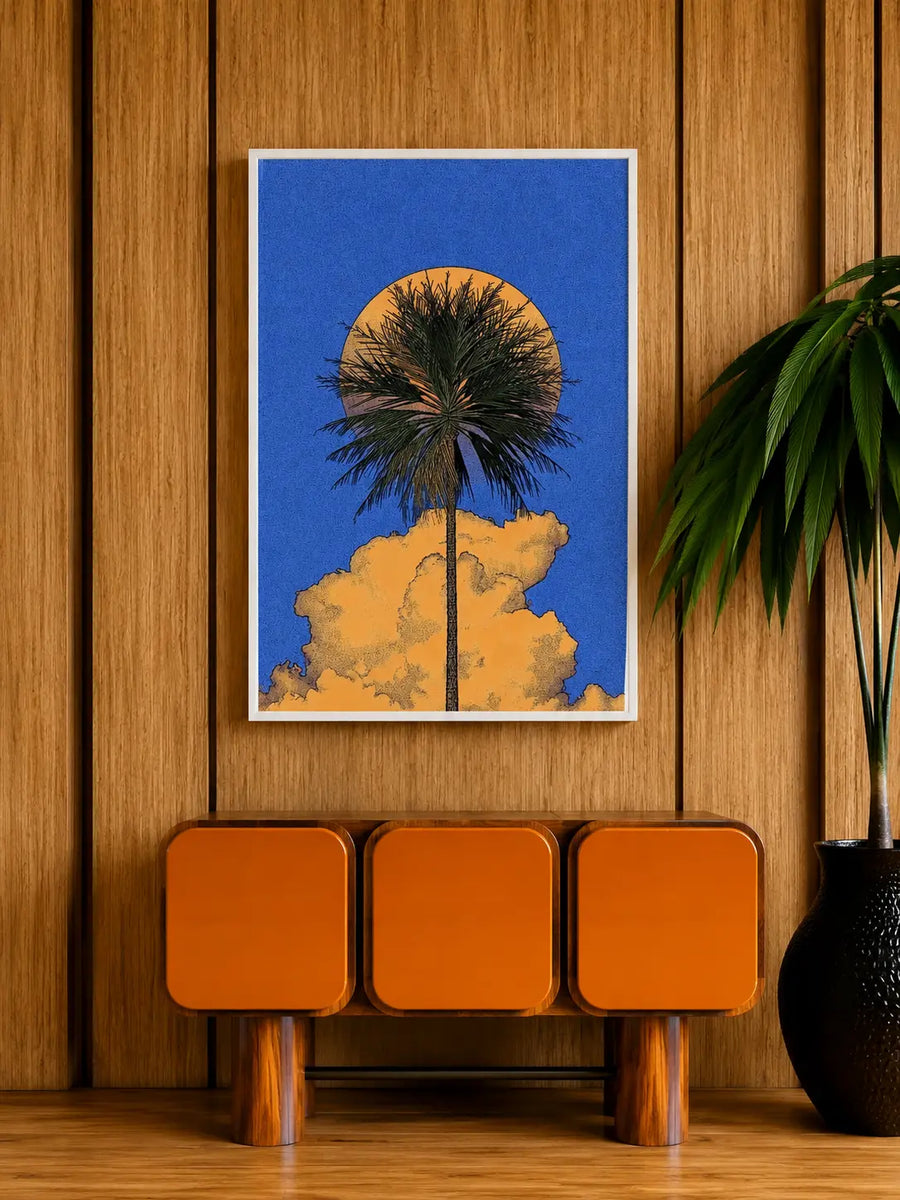 Gerahmte Palmen-Wandkunst mit blauem Himmel, gelben Wolken und Eichenrahmen