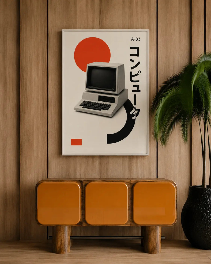 Impresión enmarcada de computadora retro con círculo rojo y gráfico negro sobre lienzo crema