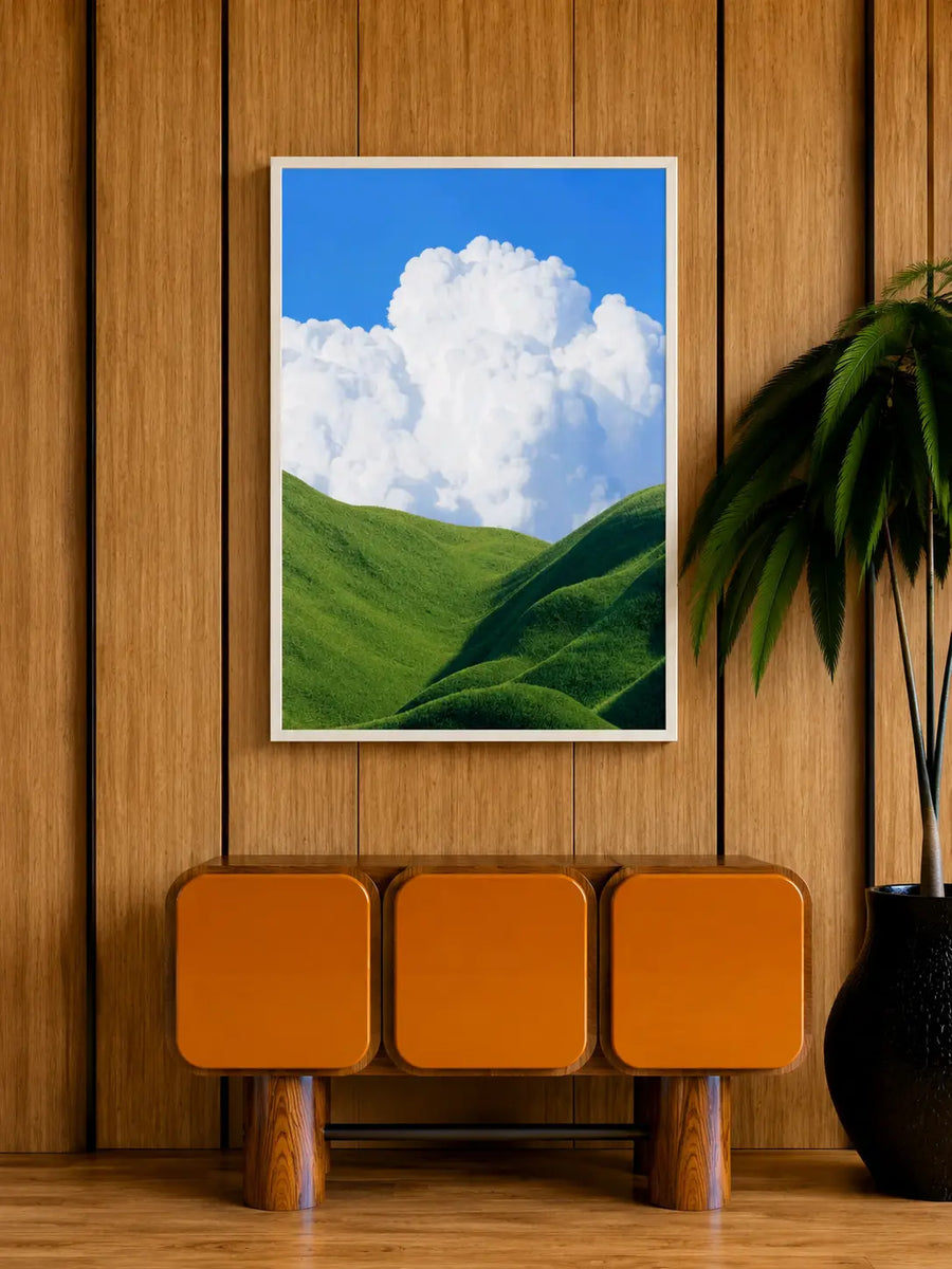 alt
Impresión enmarcada con borde blanco, cielo azul con nubes y paisaje de colinas verdes