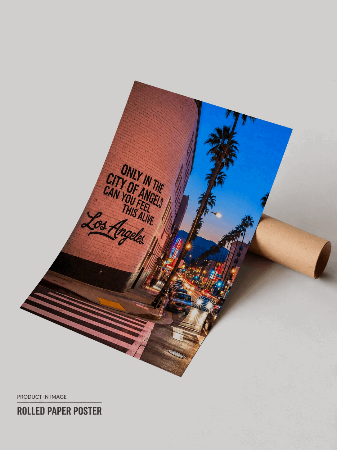 Rolled city street wall art print with brick wall quote and palm trees at dusk