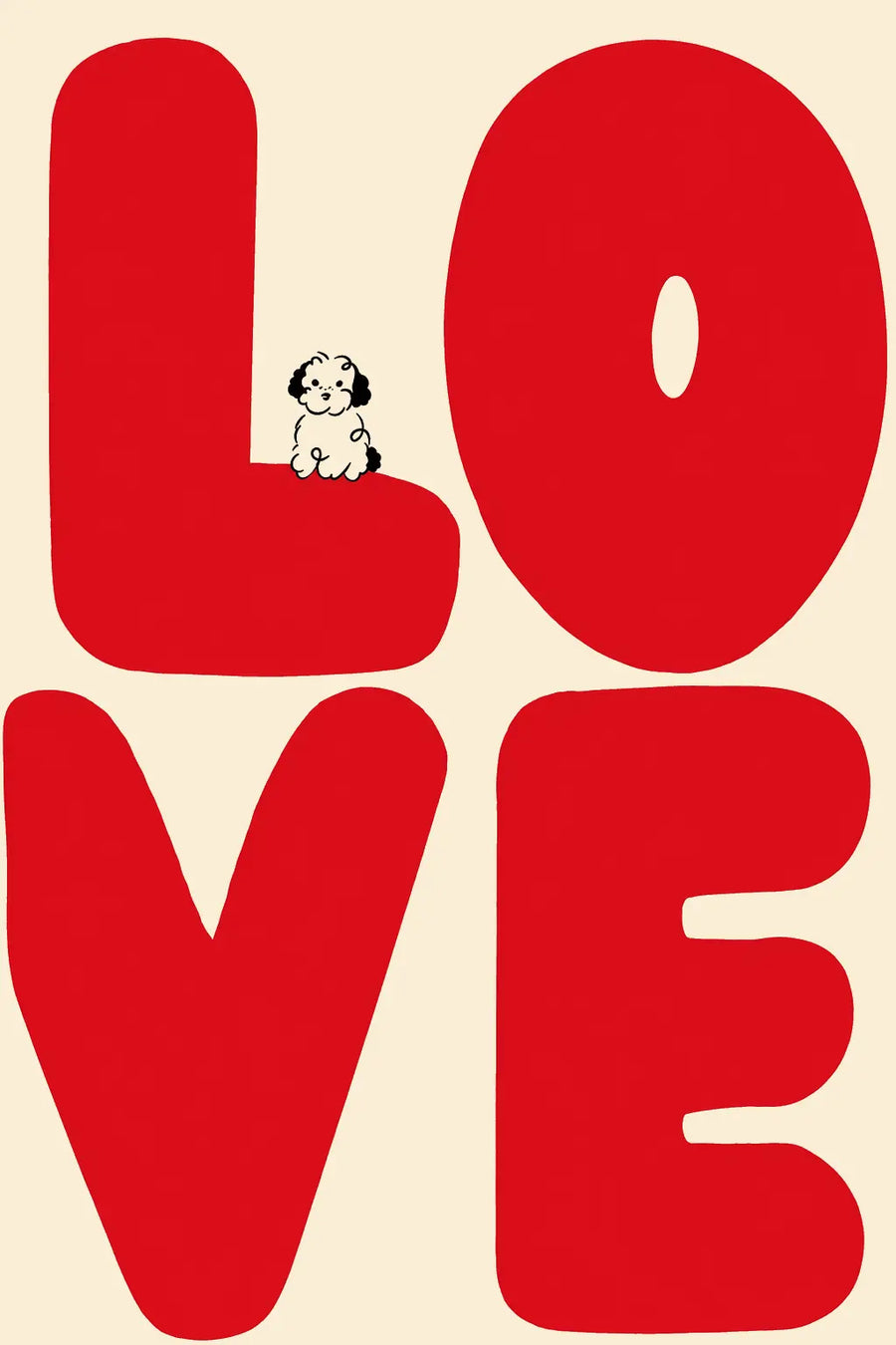 Close-up LOVE typography print with red letters on cream, small doodle figure
