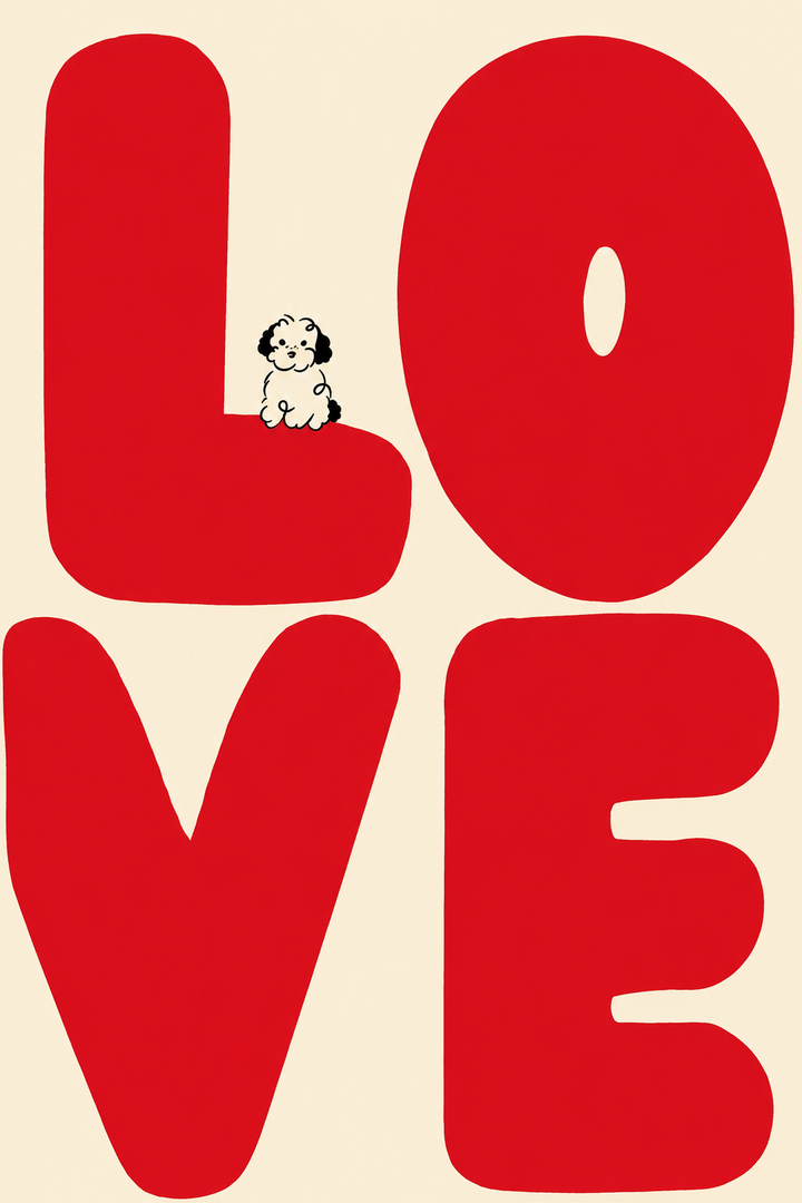 Close-up of LOVE typography print with red letters on cream background and small dog