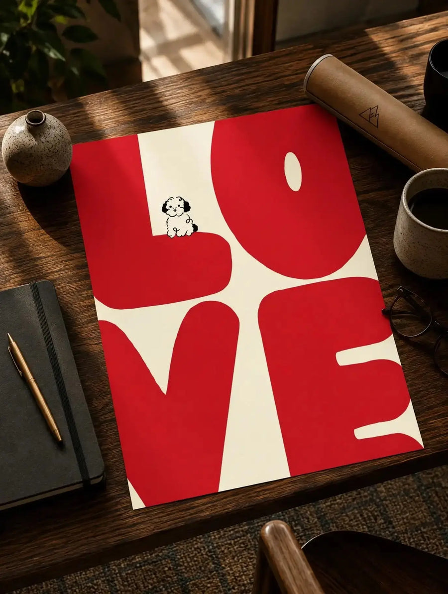 Love typography print on wooden desk, red LOVE letters on cream with small doodle