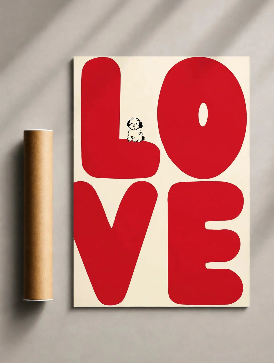 LOVE-Typografieposter mit roten Buchstaben und kleiner Hundeillustration
