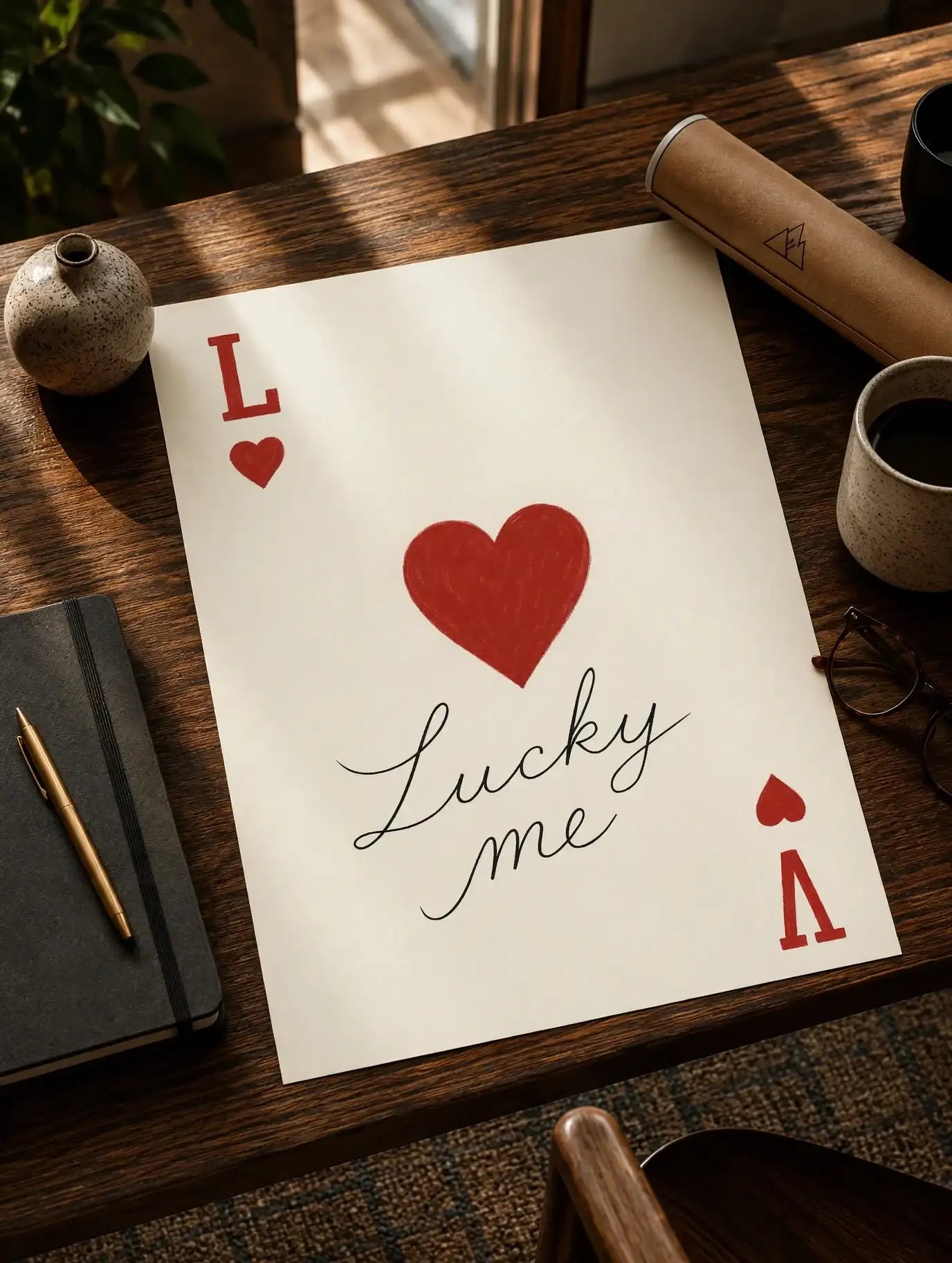Unframed playing card love print on desk with red hearts, Lucky me, and A spade card