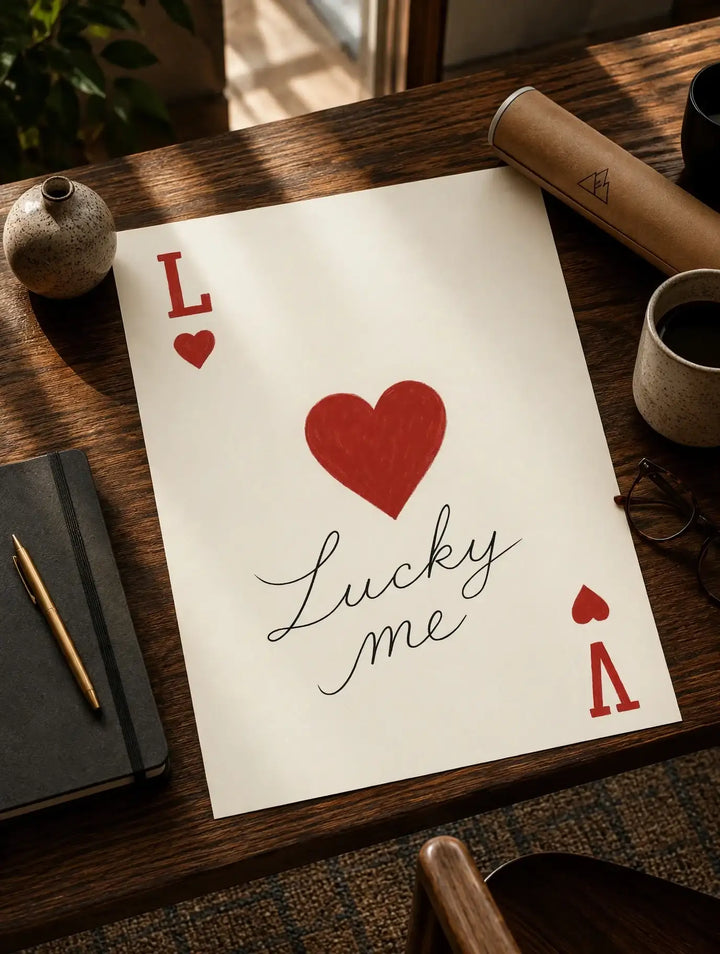 Unframed playing card love print on desk with red hearts, Lucky me, and A spade card
