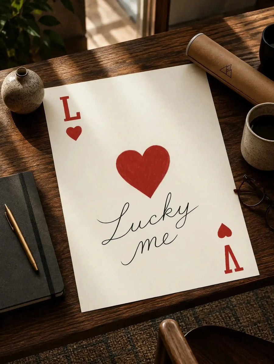 Unframed playing card love print on desk with red hearts, Lucky me, and A spade card