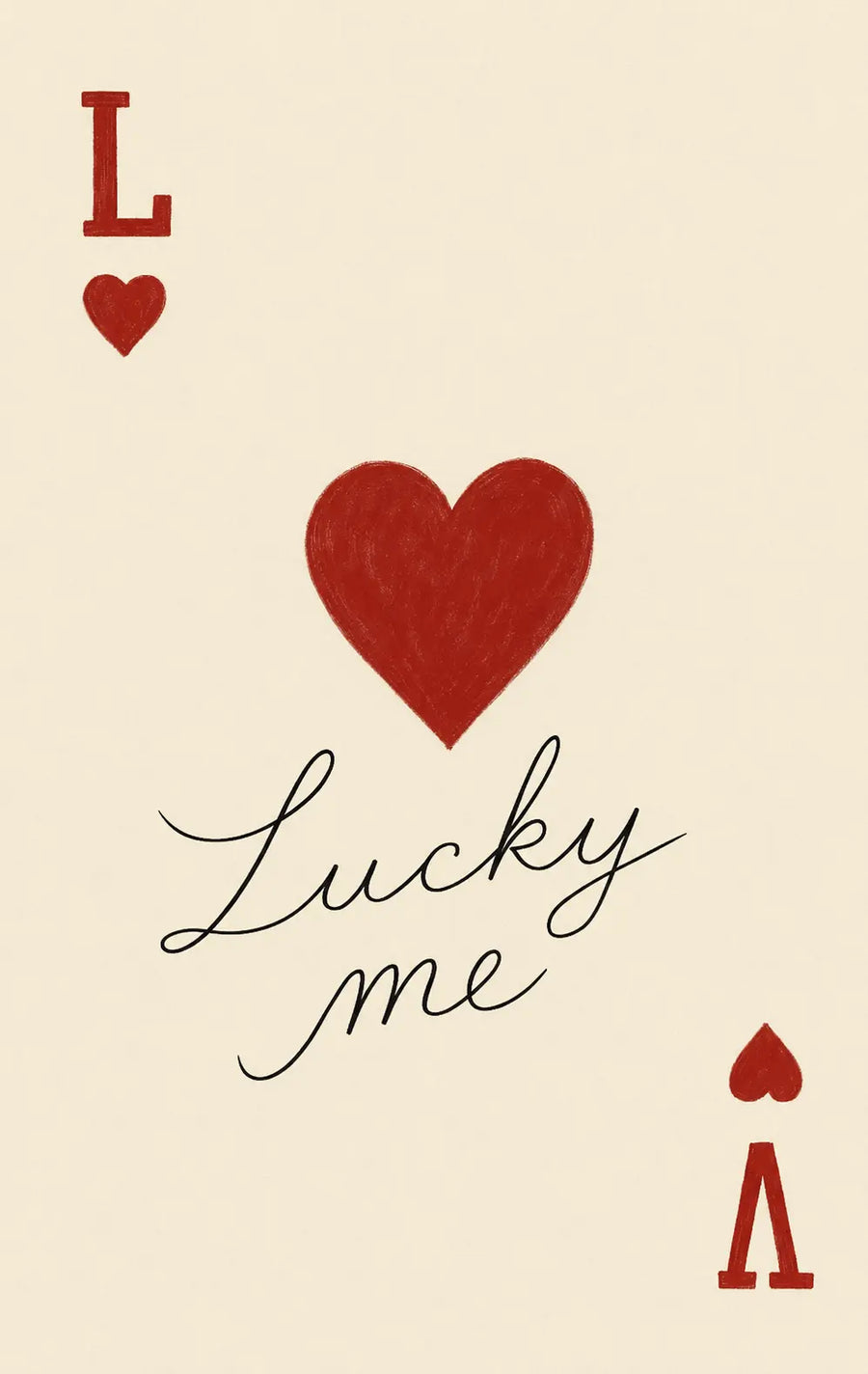 Playing card love print close-up with red heart L, Lucky me script, and A spade