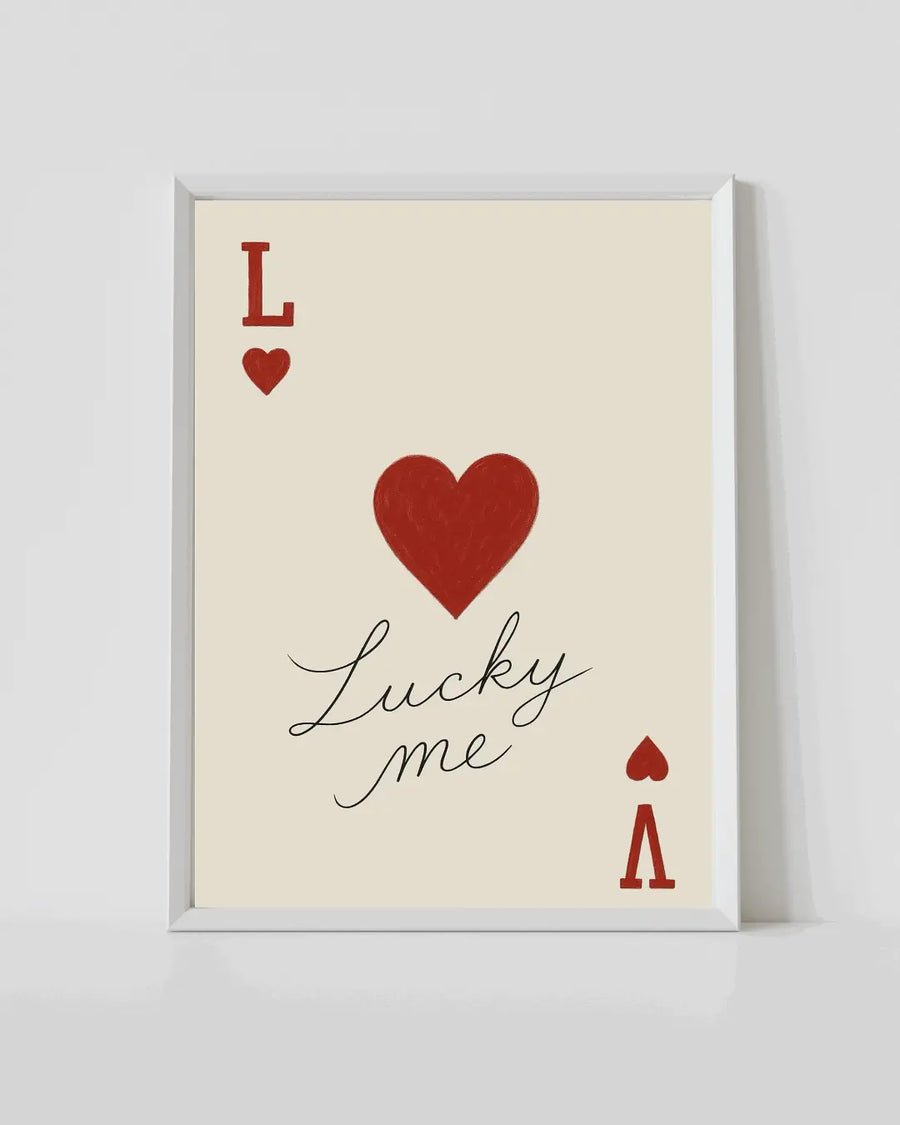 Framed playing card love print with red hearts, Lucky me script, and A spade