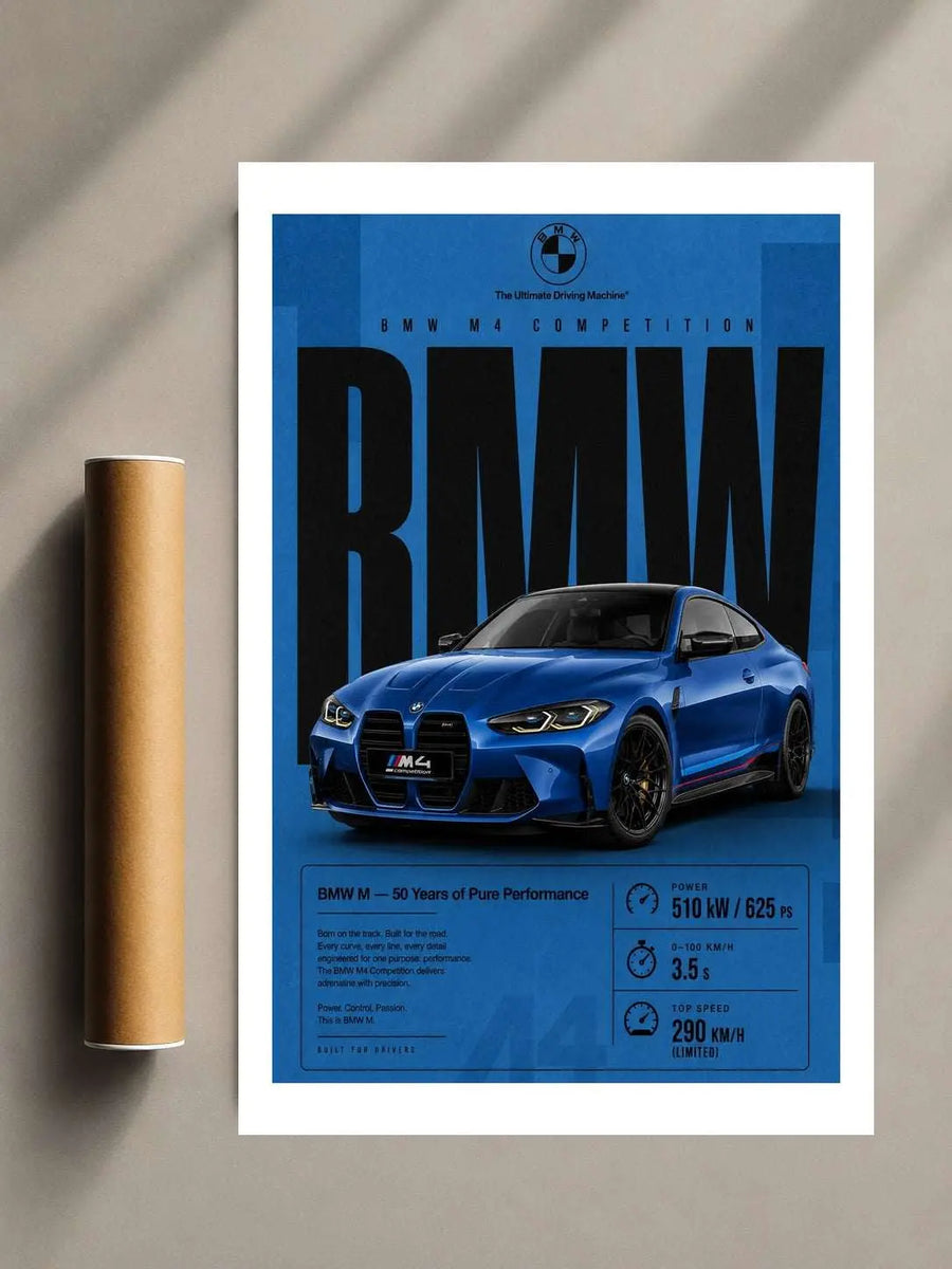 Blue sports car print poster with BMW M4 front view and performance text