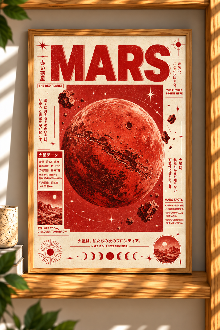 Mars Wall Art shown in a framed interior setting featuring detailed planetary imagery and retro scientific design