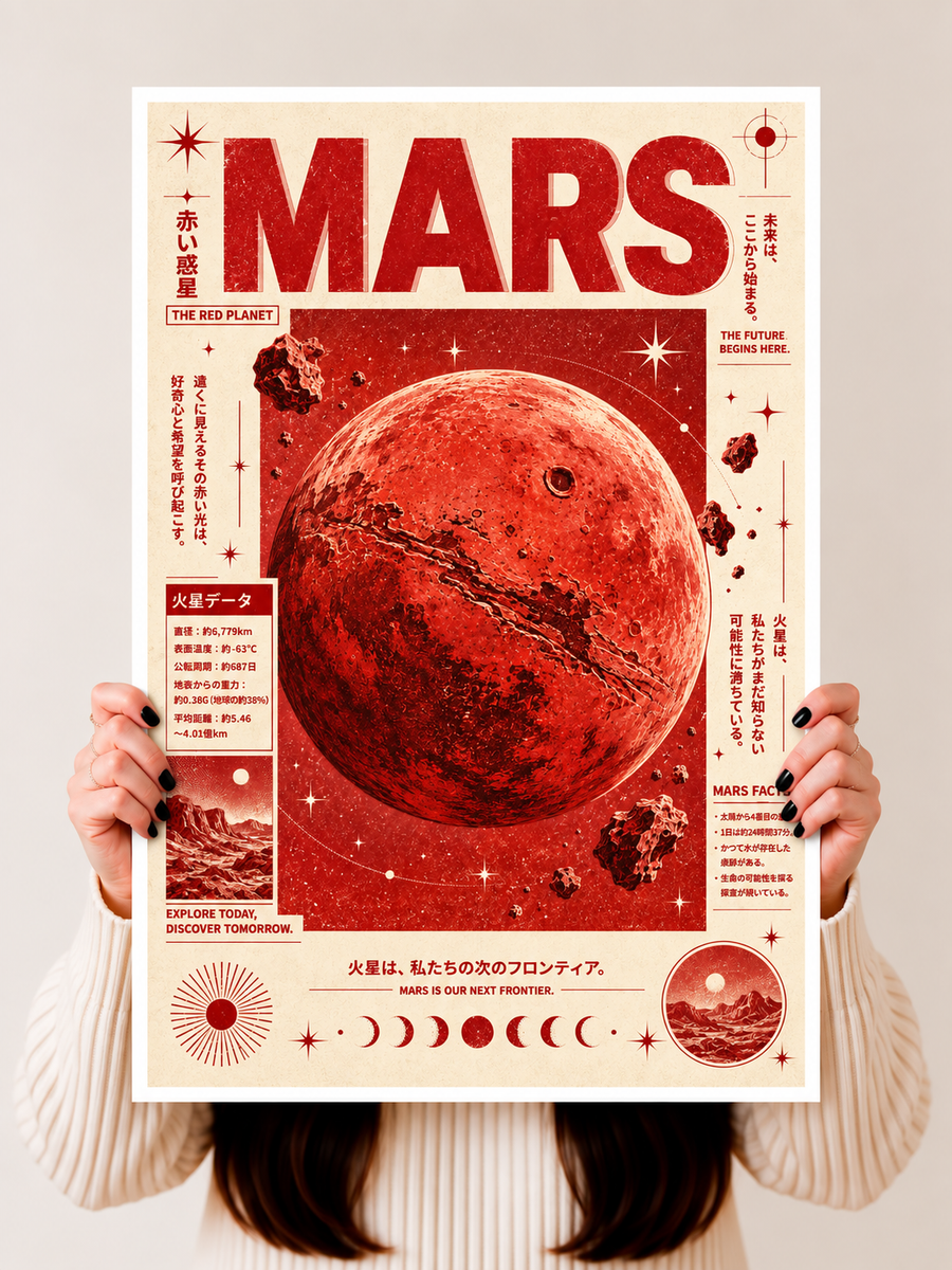 Mars Wall Art held upright featuring the Red Planet surrounded by vintage space typography and astronomy details