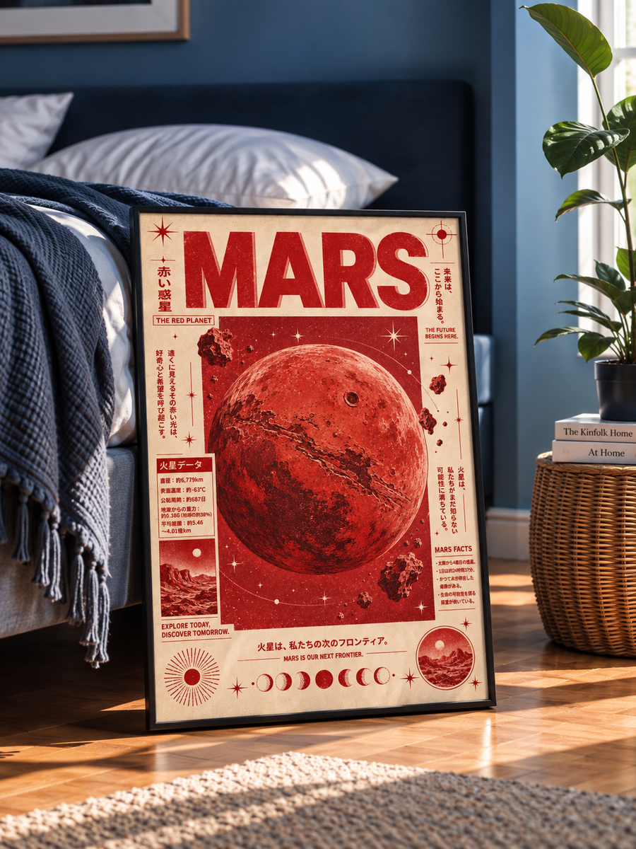 Mars Wall Art displayed in a modern bedroom featuring the Red Planet with vintage astronomy graphics and warm red tones
