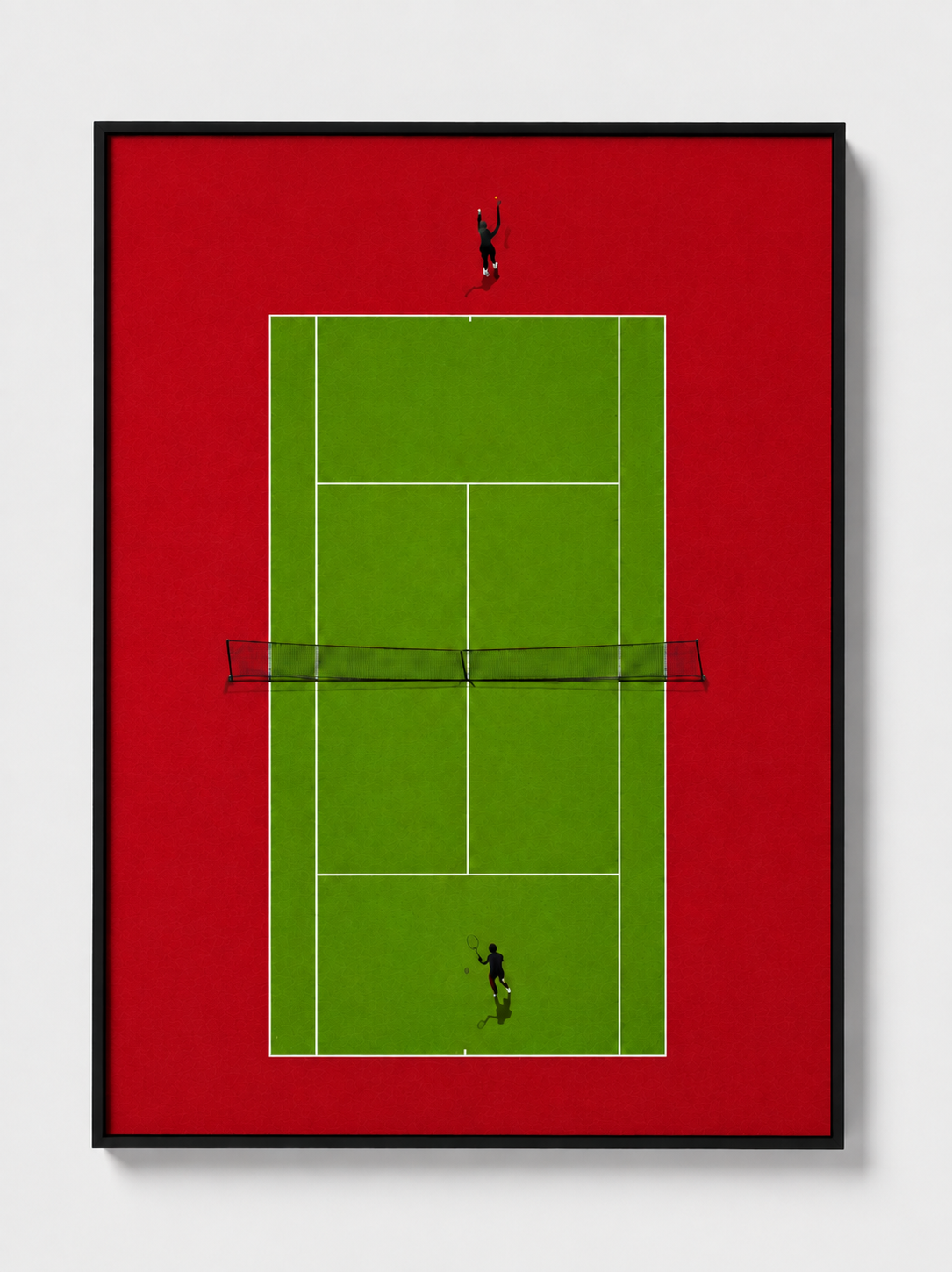 Framed tennis court wall art with red mat, green court grid, black player silhouettes, black frame