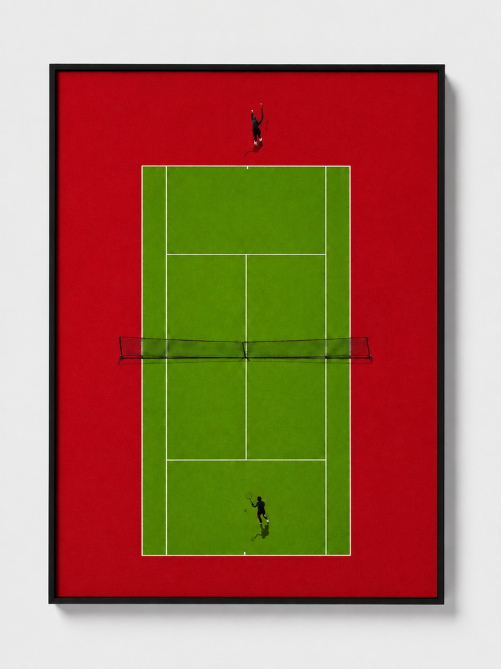 Framed tennis court wall art with red mat, green court grid, black player silhouettes, black frame