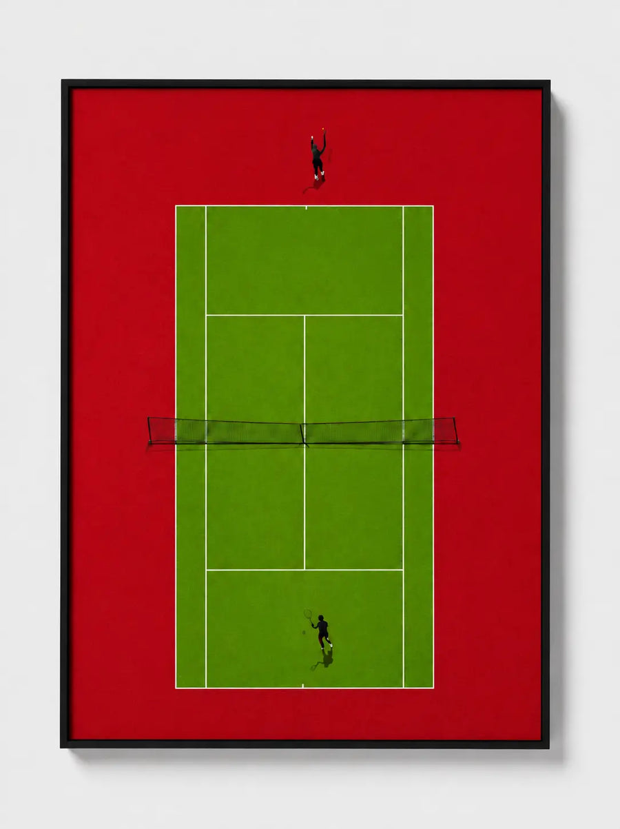 Framed tennis court wall art with red mat, green court grid, black player silhouettes, black frame