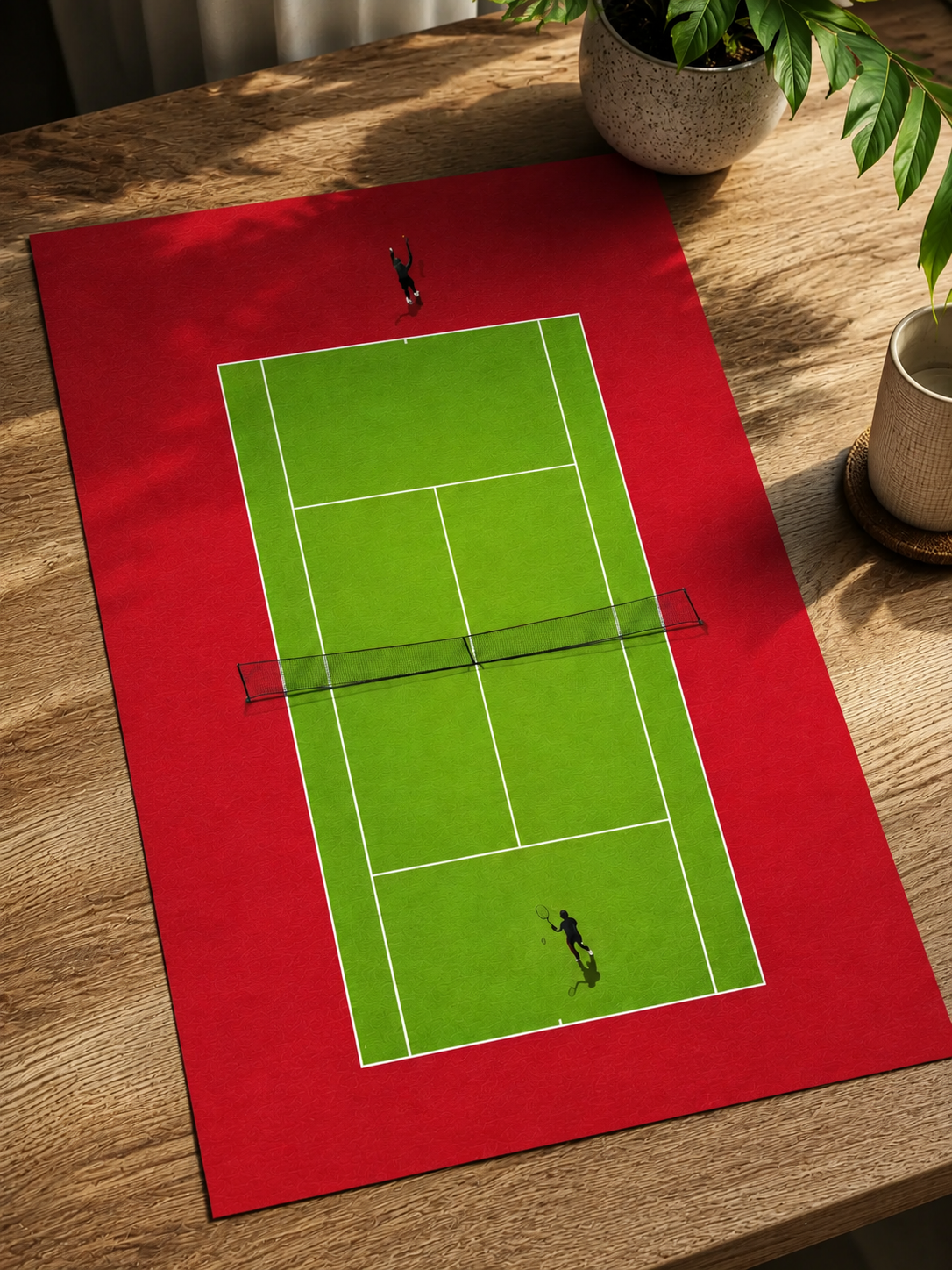 Tennis court wall art poster: red background, green court lines, two black player silhouettes
