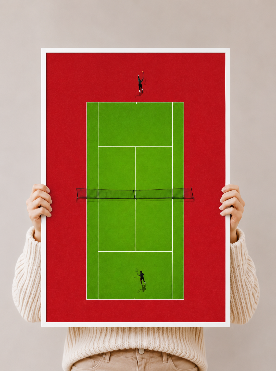Tennis court wall art poster: red background, green court lines, black player silhouettes
