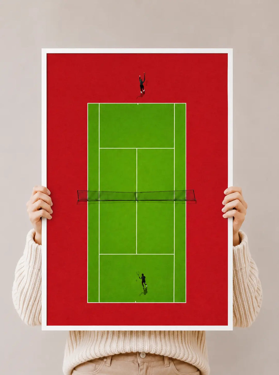 Tennis court wall art poster: red background, green court lines, black player silhouettes