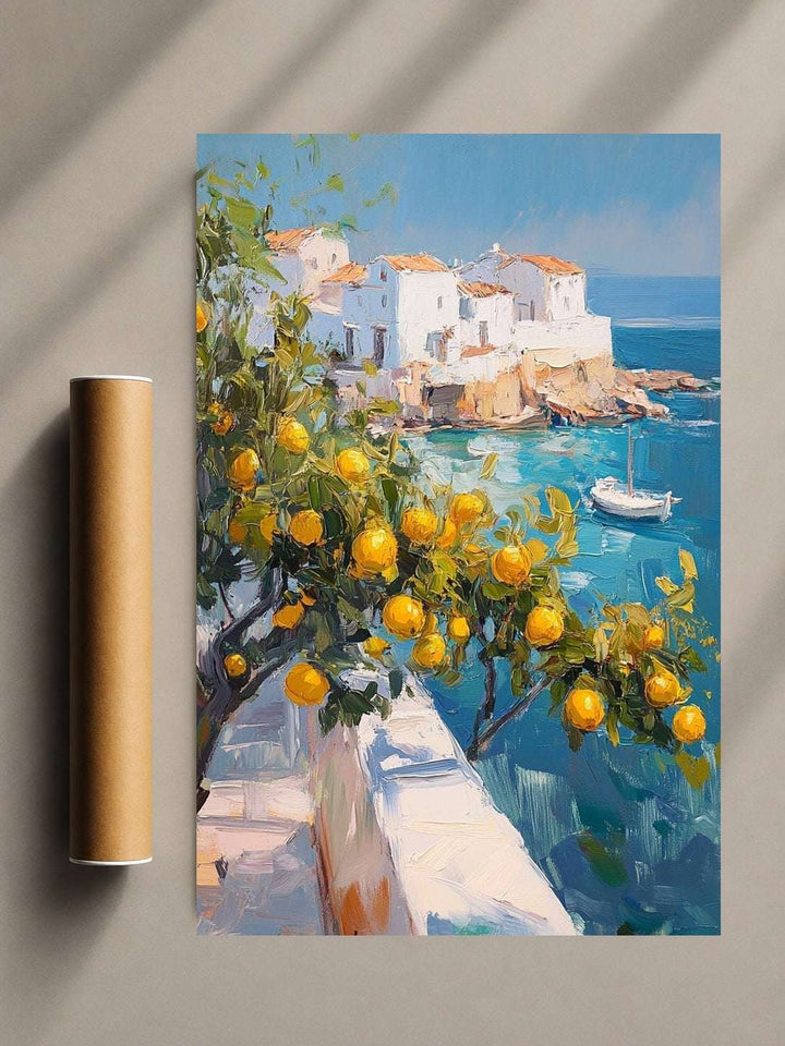 Mediterranean seaside art print with white houses, blue water, and yellow lemon trees