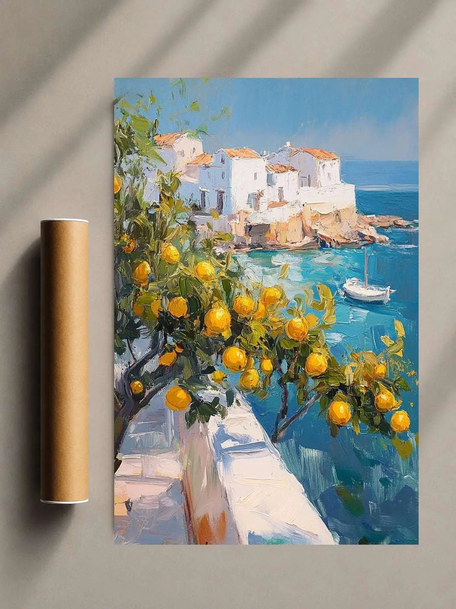 Mediterranean seaside art print with white houses, blue water, and yellow lemon trees