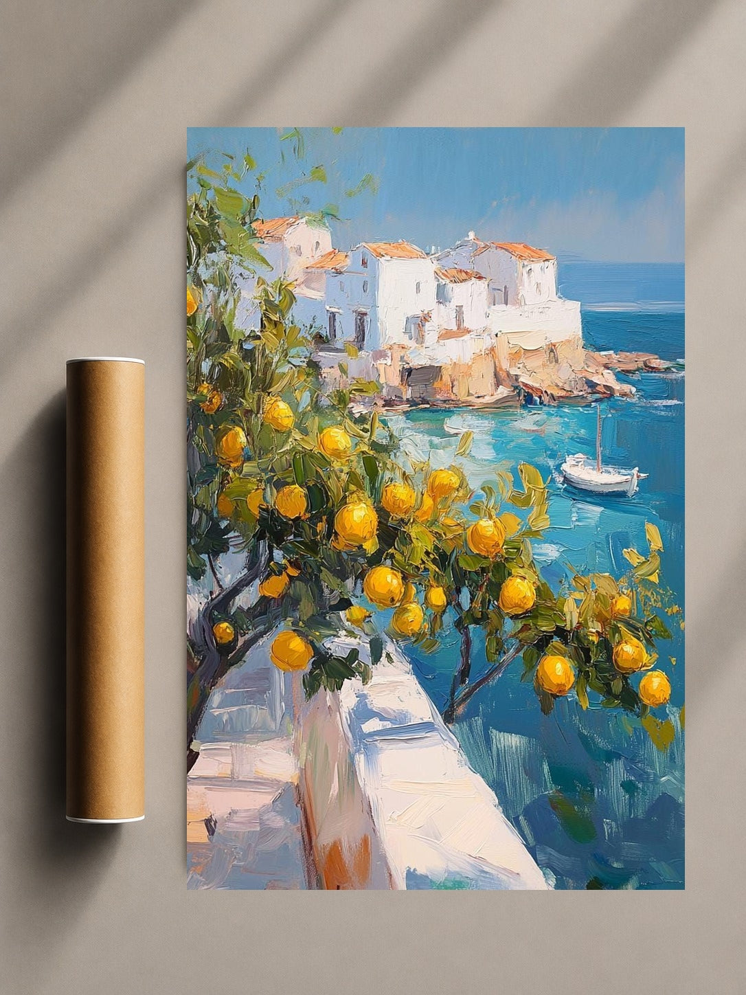 Mediterranean seaside print with lemon tree, white buildings, and blue ocean