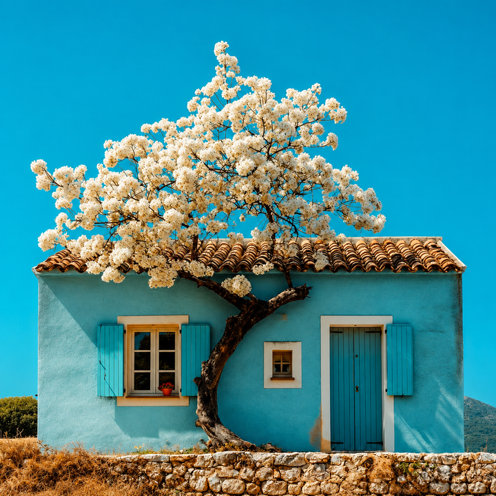Stampa casa blu mediterranea