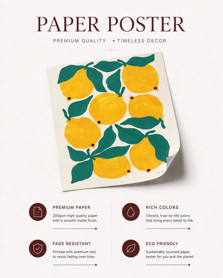 Paper poster with yellow lemons and green leaves illustration