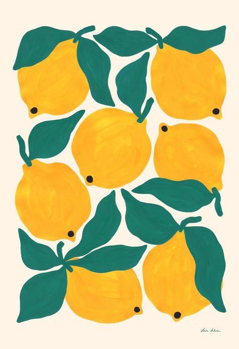Mediterranean lemon art print with green leaves and yellow fruit on off-white background