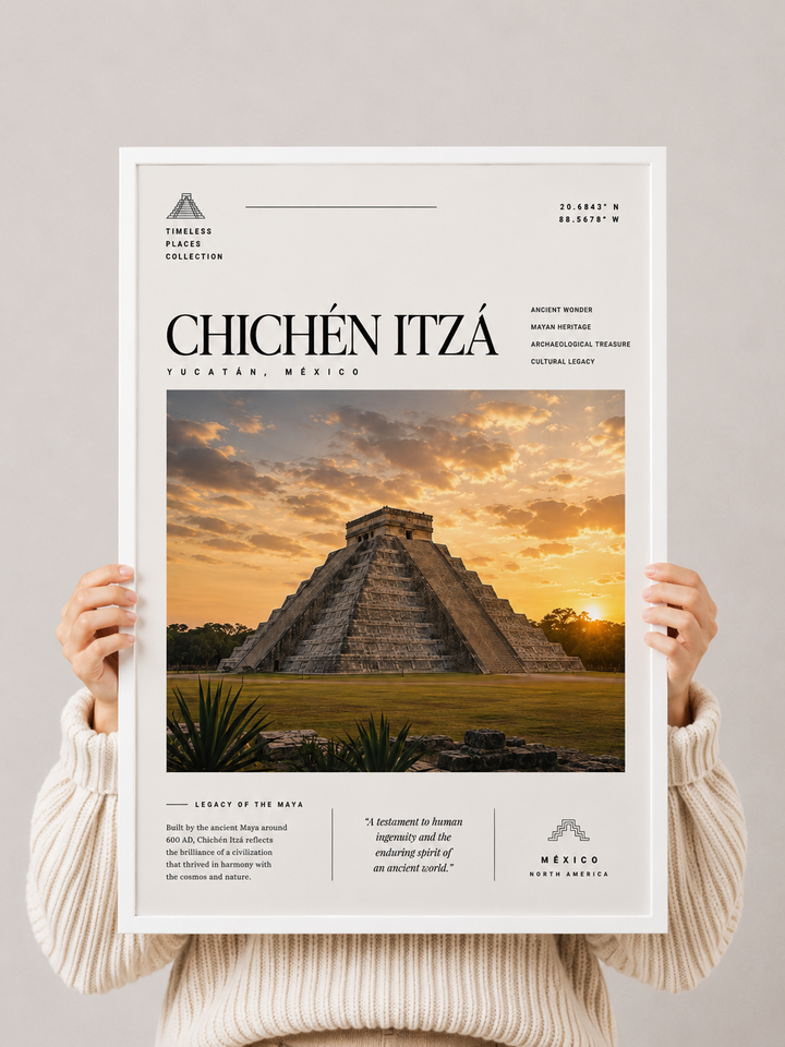 Framed Chichén Itzá print with pyramid photo, white frame