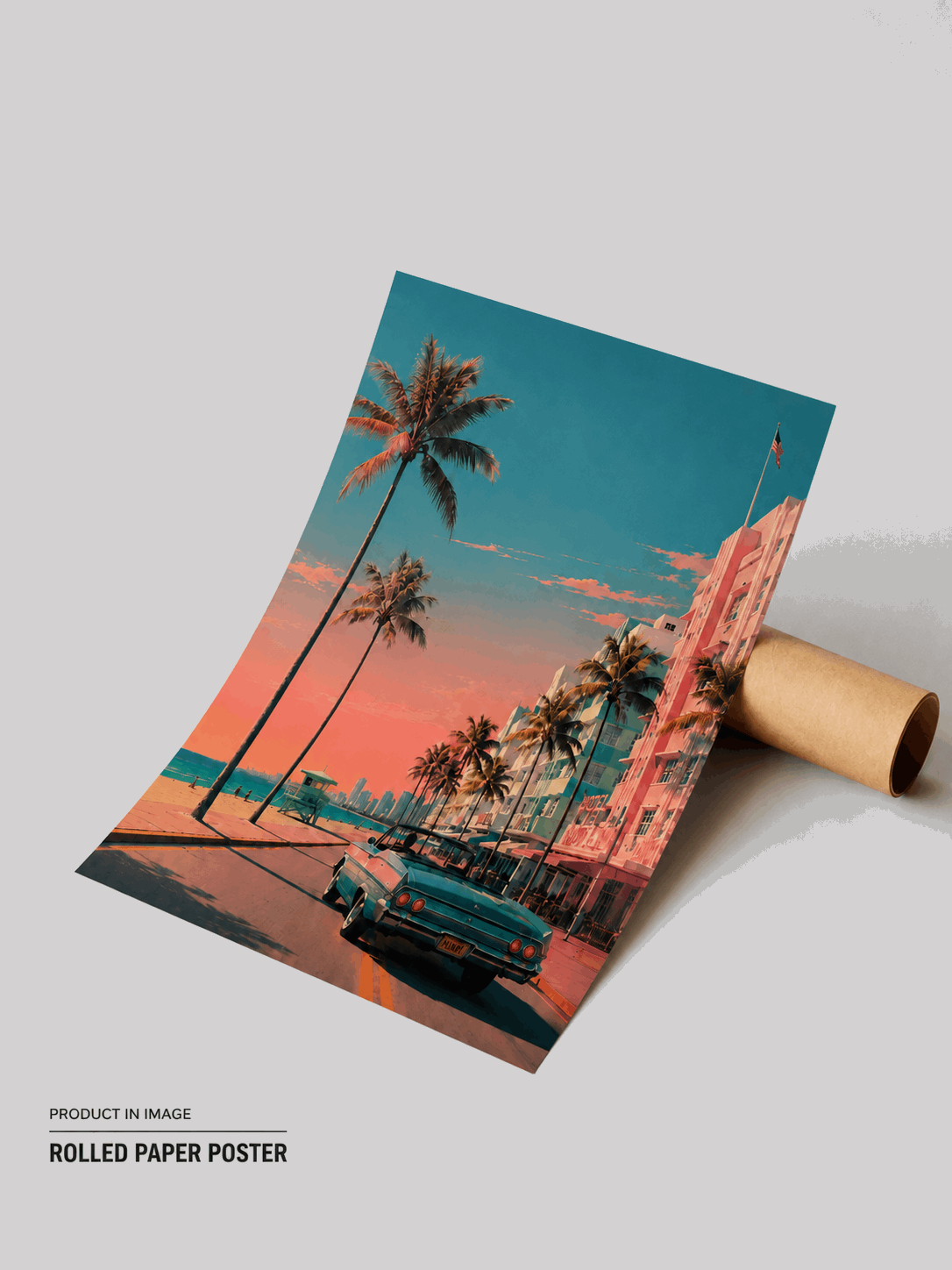 Rolled paper poster with tropical palm-lined street and teal vintage car at sunset