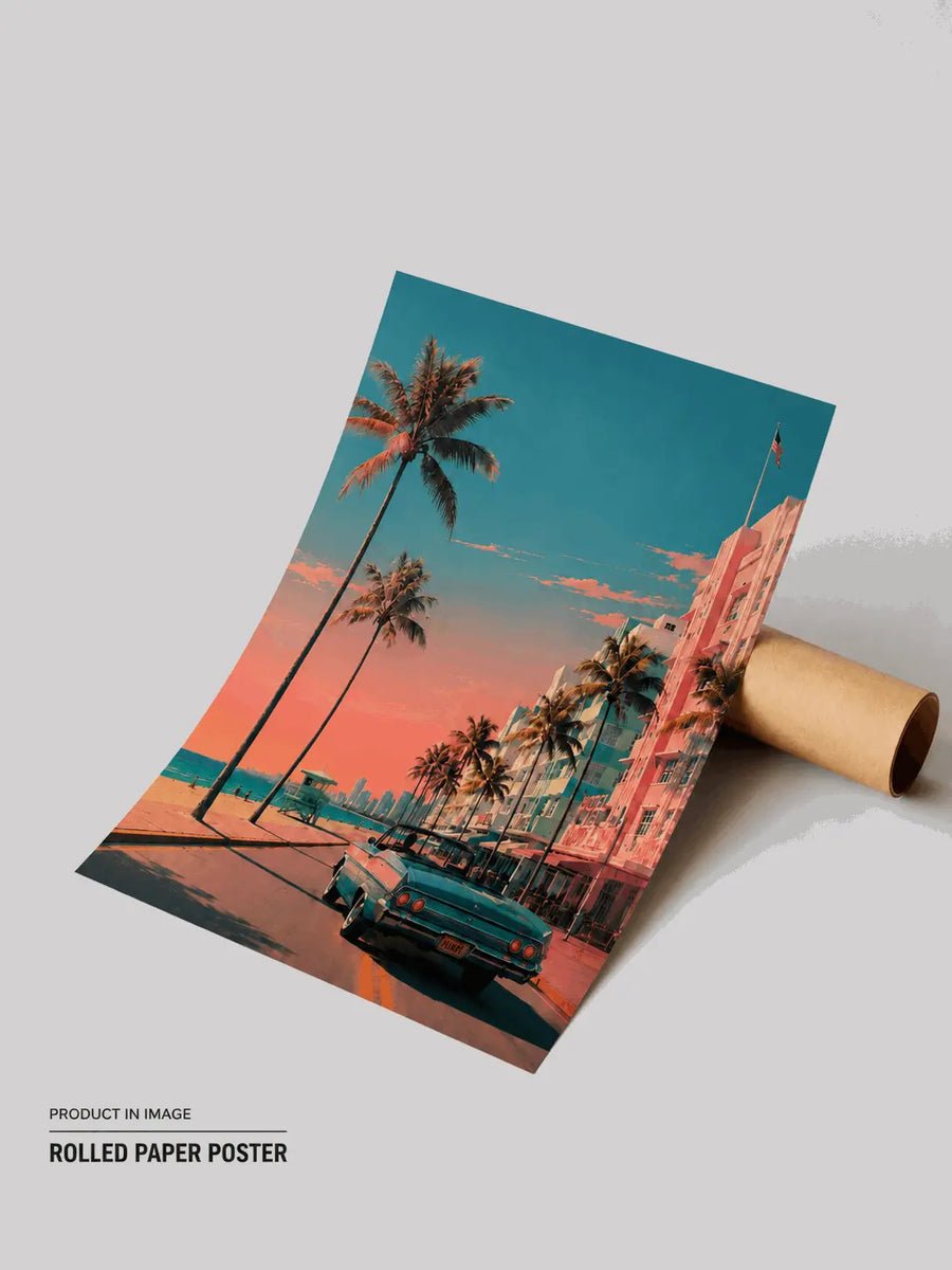 Rolled paper poster with tropical palm-lined street and teal vintage car at sunset