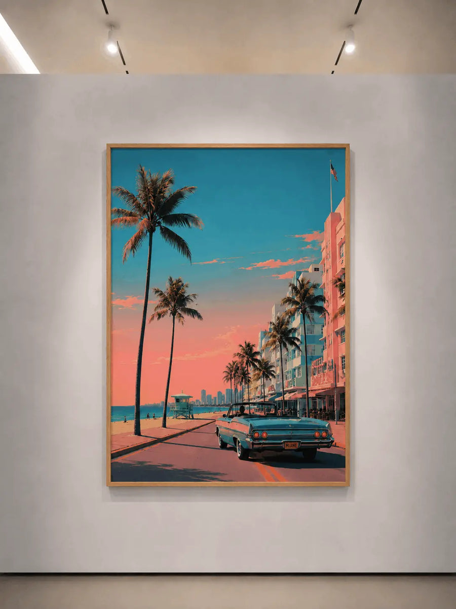 Wood-framed wall print with palm trees, pastel buildings, and teal vintage car