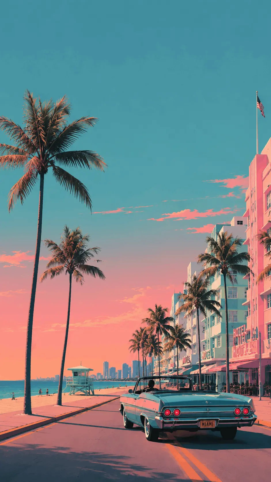 Tropical boulevard print with palm trees, pastel buildings, and teal classic car